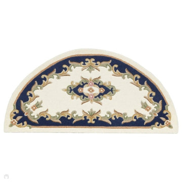 Royal Traditional Floral Aubusson Medallion Border French-Style Hand-Carved Hi-Low Textured Soft Durable Wool Cream/Blue Half Moon Rug-Melrose-Rug Love - The Most Loved Rug Store